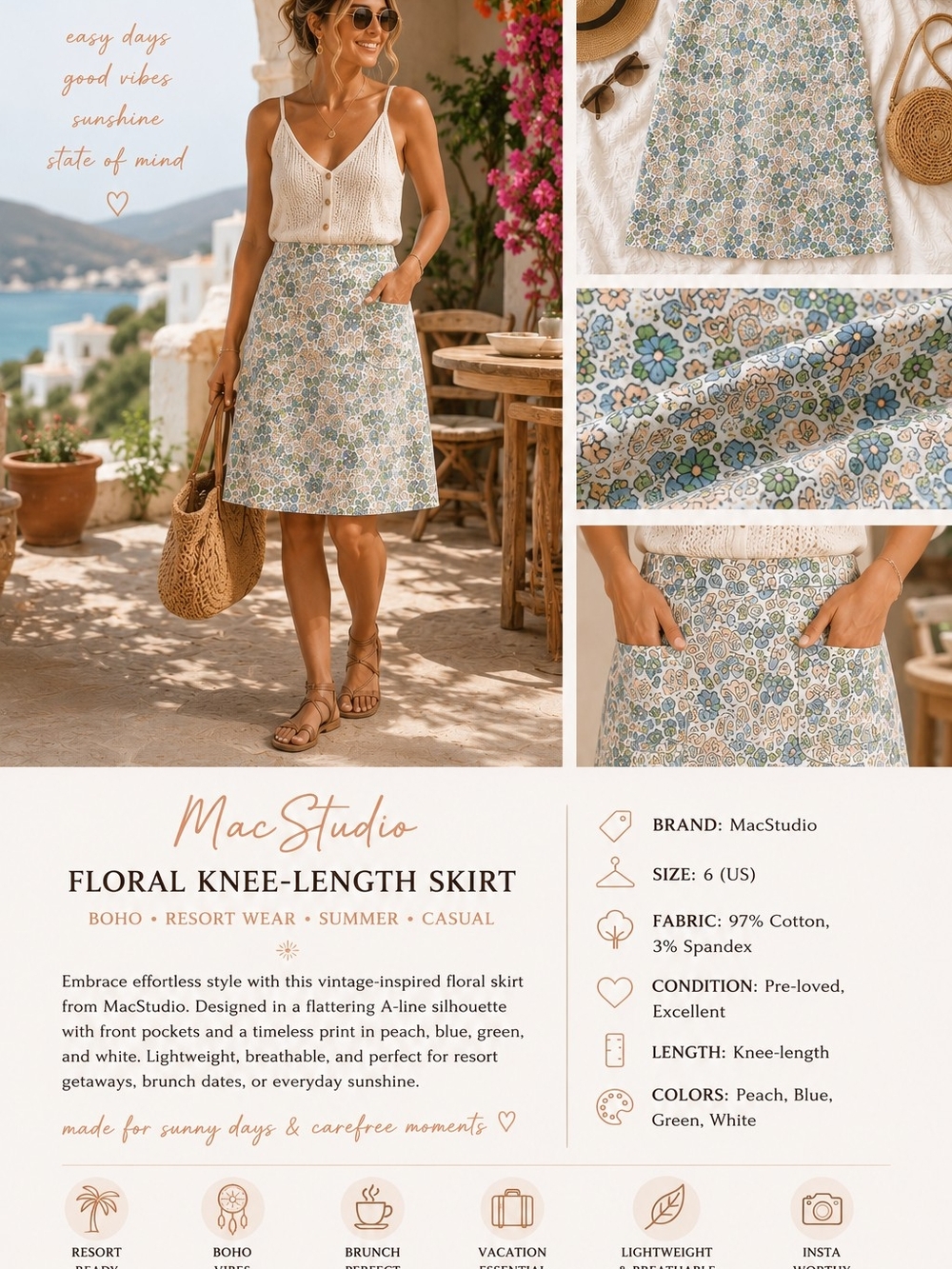 Studio M Floral A-Line Skirt Size 6 Cottagecore Boho Resort Summer Brunch